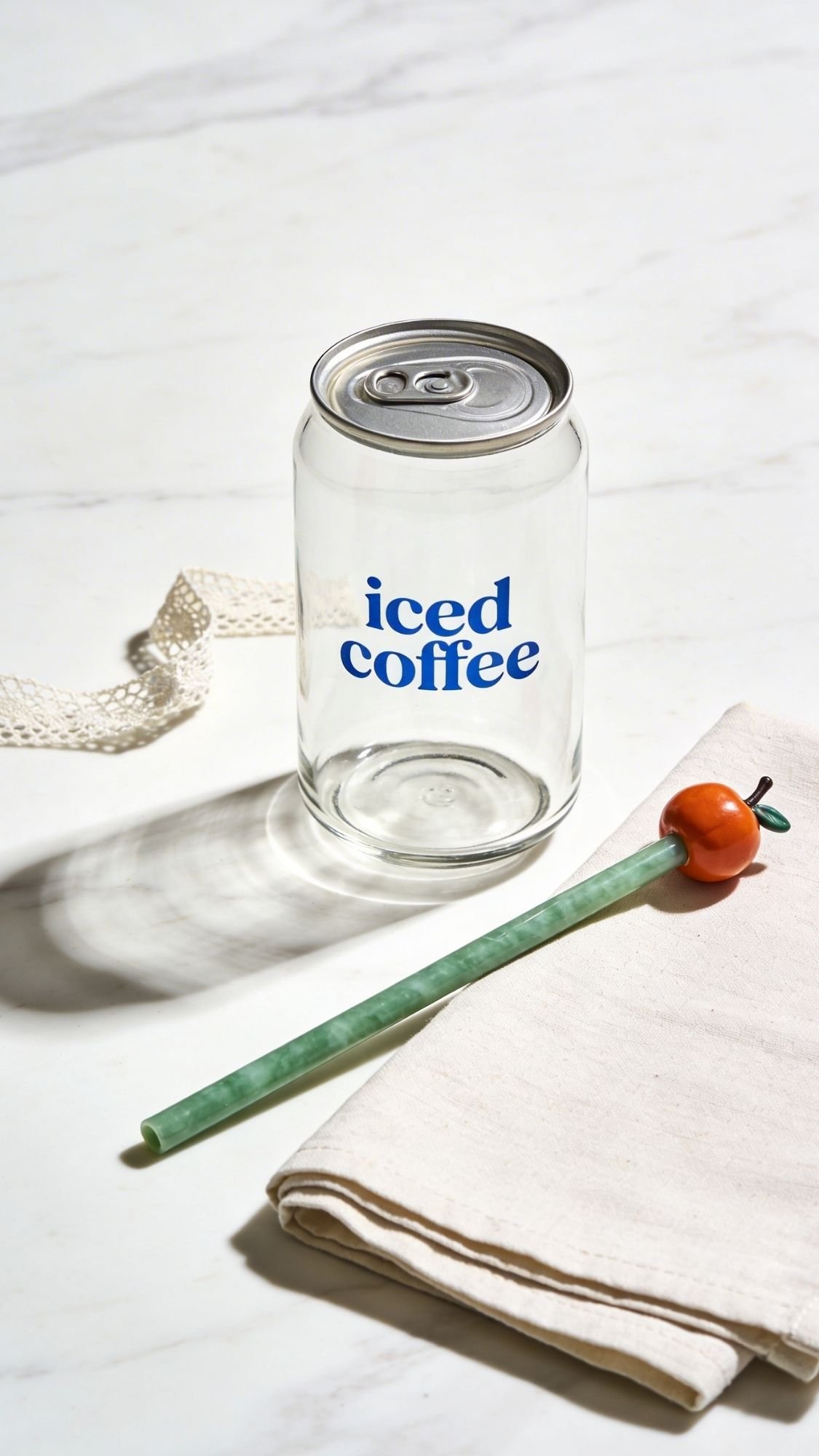 A clear glass with blue text iced coffee sits on a white surface, next to a folded napkin and a green straw with an orange fruit decoration—perfect inspiration for easy handmade gifts or thoughtful birthday gifts for best friend. A piece of lace ribbon lies nearby.