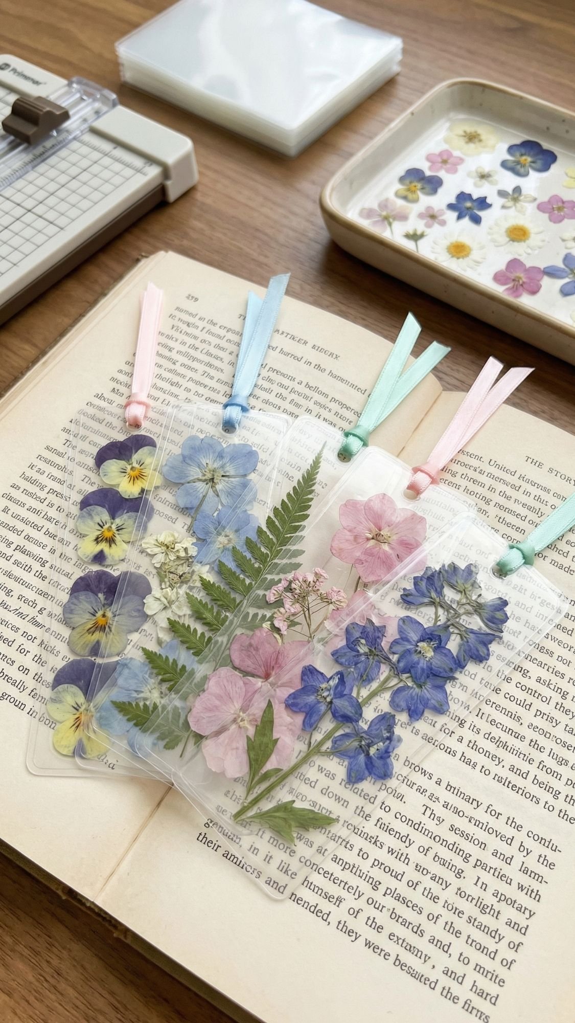 Three clear bookmarks with pressed flowers and ferns, each with a pastel ribbon, rest on an open book. Nearby are a tray with more pressed flowers and crafting supplies—perfect for creating unique DIY flower gifts on a wooden table.