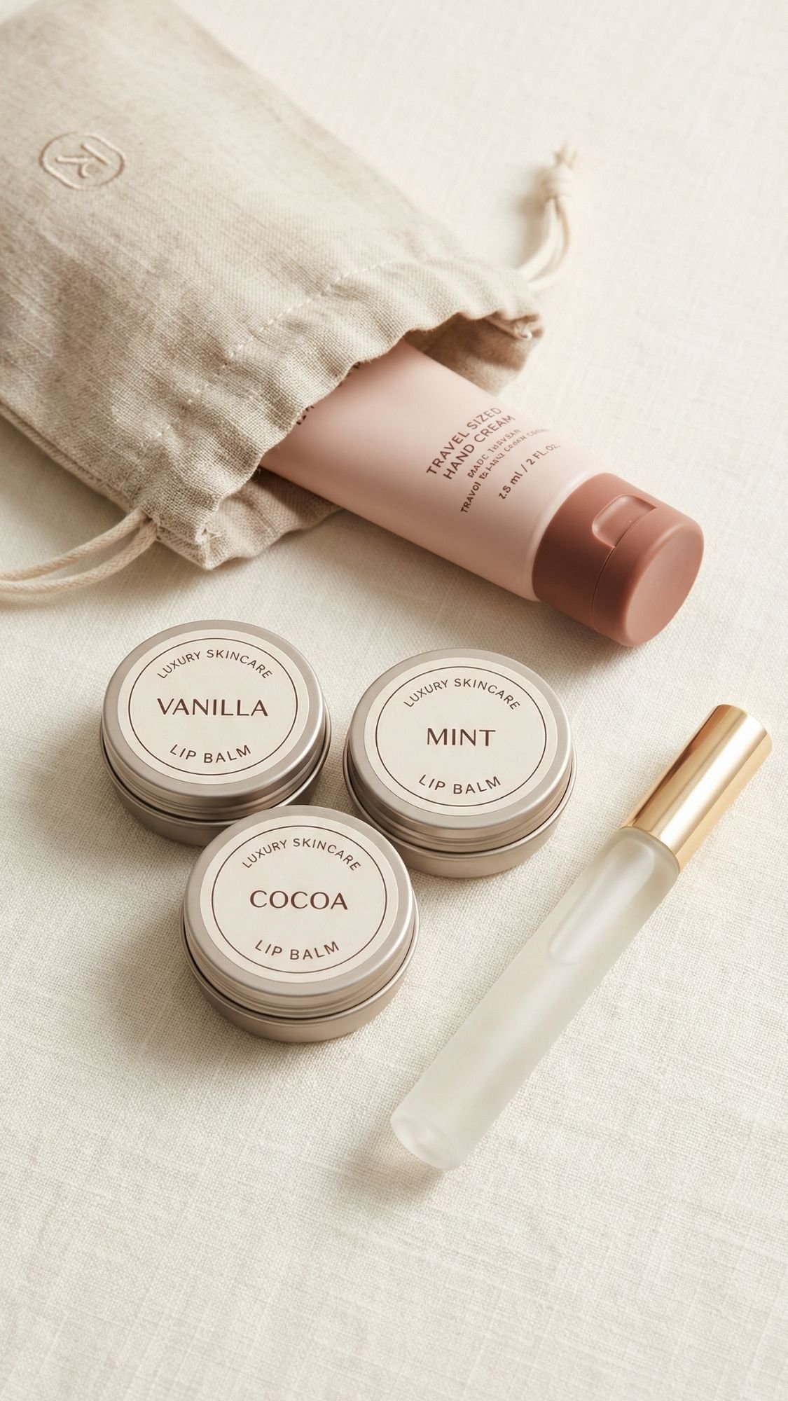 A flat lay of skincare items perfect for cozy winter nights, featuring a beige pouch, pink tube, three round lip balm tins labeled Vanilla, Mint, and Cocoa, and a clear glass roller bottle with a gold cap—great inspiration for DIY gift set ideas.