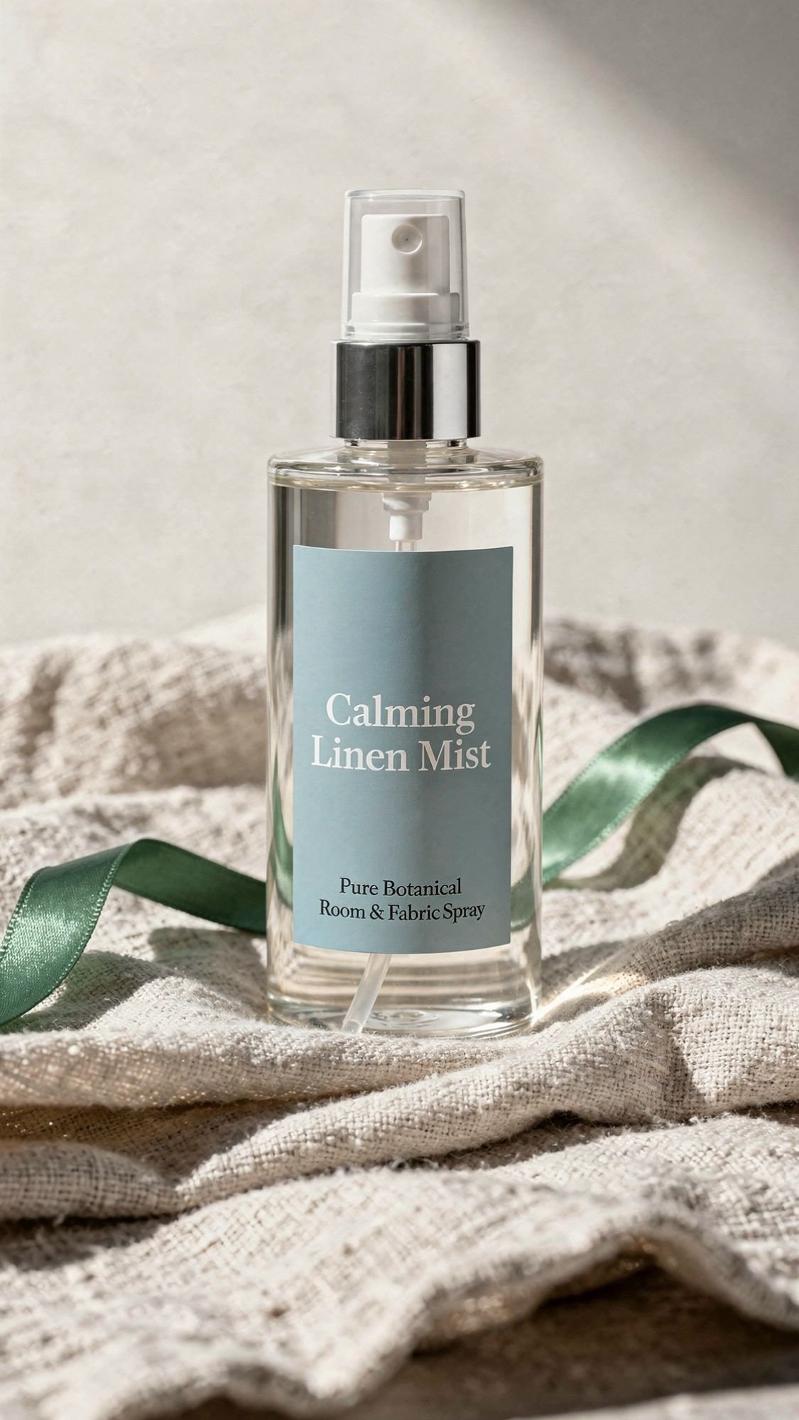 A clear spray bottle labeled Calming Linen Mist sits on textured beige fabric, with a green ribbon nearby. Perfect for best friend gifts, this pure botanical spray brings soothing vibes as soft natural light casts gentle shadows.
