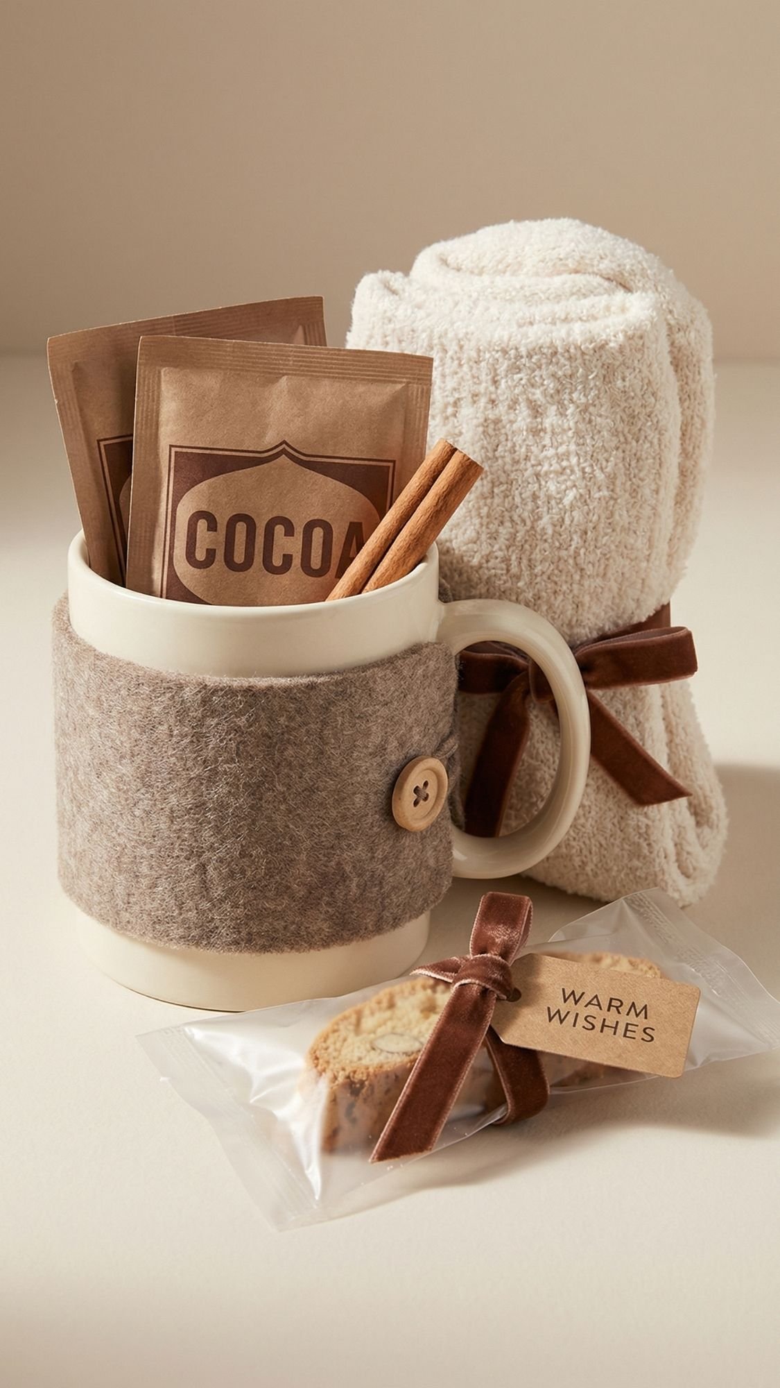 A cozy gift set perfect for Cozy Winter Nights, featuring a mug wrapped in felt and a button, cocoa packets, cinnamon sticks, a soft rolled towel, and a biscotti cookie in clear packaging tied with a “Warm Wishes” ribbon.
