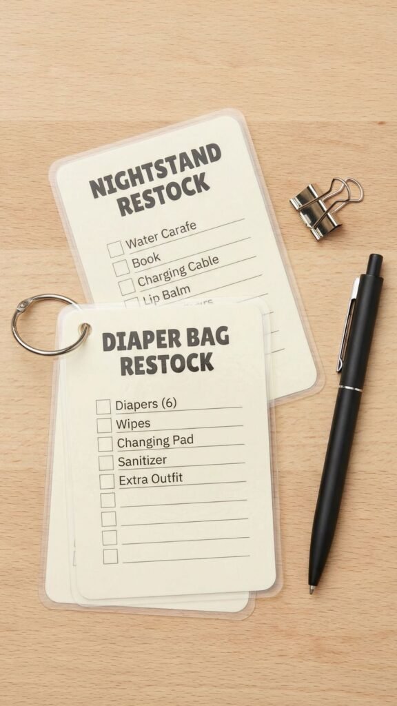 Two laminated checklists titled Nightstand Restock and Diaper Bag Restock lie on a wooden surface next to a black pen and binder clip. These gentle gifts make useful gifts or DIY gifts for new moms, helping them stay organized with ease.