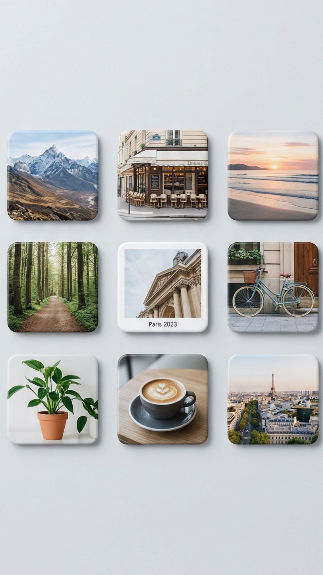 A grid of nine square photos captures mountains, a Paris café, a sunset, and more—perfect inspiration for easy handmade gifts or birthday gifts for best friend with memories from Paris 2023 and cozy moments like coffee and cycling.