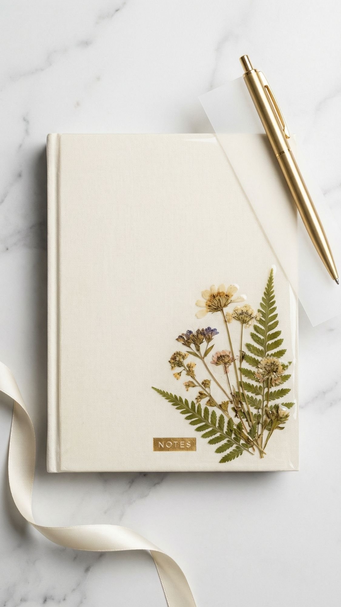 A cream-colored notebook with pressed flowers and ferns on the cover, labeled “NOTES,” lies on a marble surface beside a gold pen and a white ribbon—perfect inspiration for DIY flower gifts or pressed flower crafts.