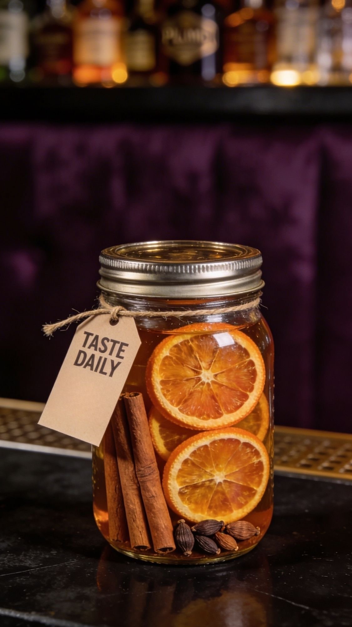 A glass jar filled with liquid, orange slices, cinnamon sticks, and whole spices sits on a bar counter. Perfect as Handmade Gifts for BF, the jar has a TASTE DAILY tag tied around the lid. Bottles are blurred in the background.