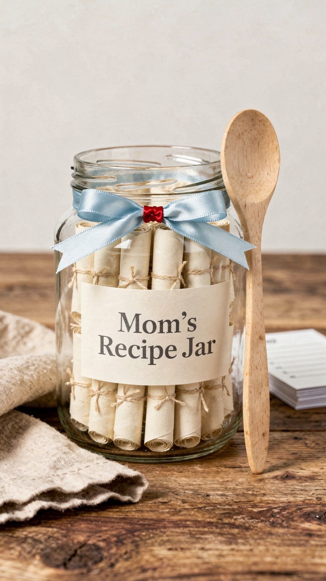 A glass jar labeled Mom’s Recipe Jar, perfect for DIY Mother’s Day gifts, contains rolled-up papers tied with twine. Decorated with a blue bow and placed by a wooden spoon, it sits on a wooden surface.