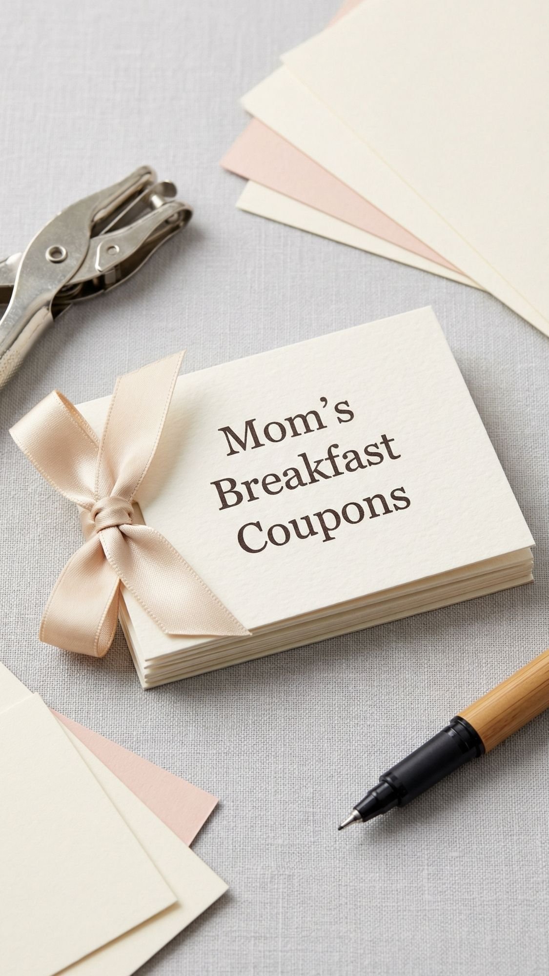A stack of cards tied with a cream ribbon labeled “Mom’s Breakfast In Bed Coupons,” next to blank cards, a hole punch, and a pen—perfect for thoughtful DIY gifts.