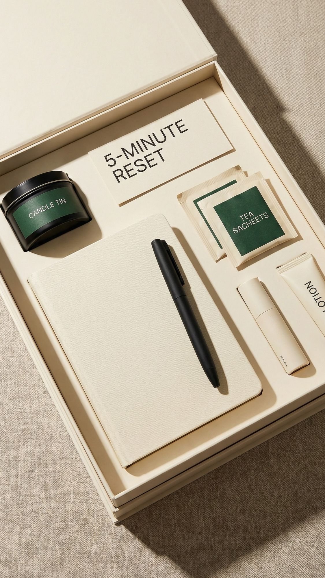 A beige box contains a notebook with a black pen, a green candle tin, tea sachets, and cards labeled 5-Minute Reset and OPTION—an inviting arrangement on neutral fabric, perfect for cozy winter nights or inspiring DIY gift set ideas.