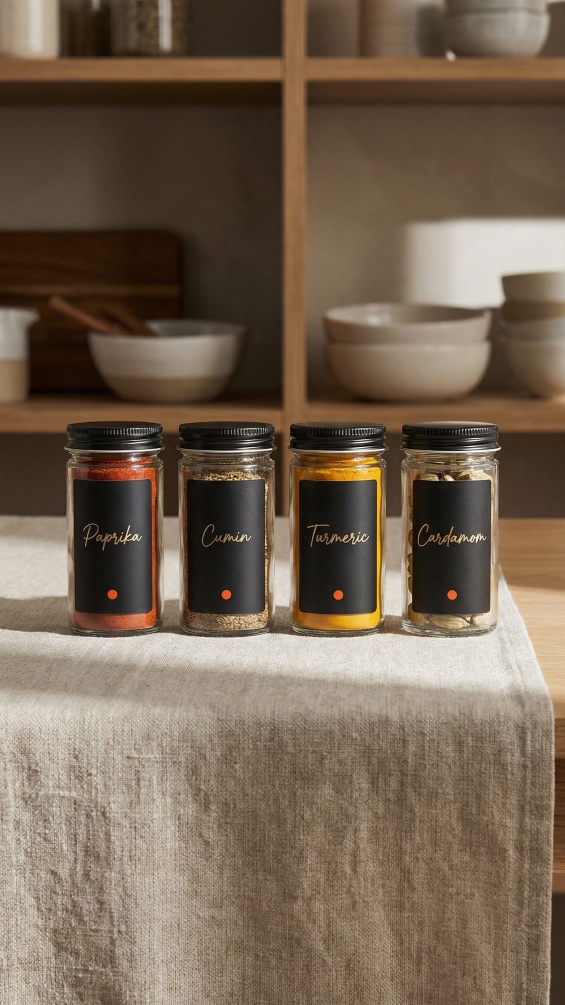 Four glass jars of spices labeled paprika, cumin, turmeric, and cardamom are neatly arranged on a beige tablecloth—perfect as unique gifts or best friend gifts—with shelves of dishes and bowls in the background.