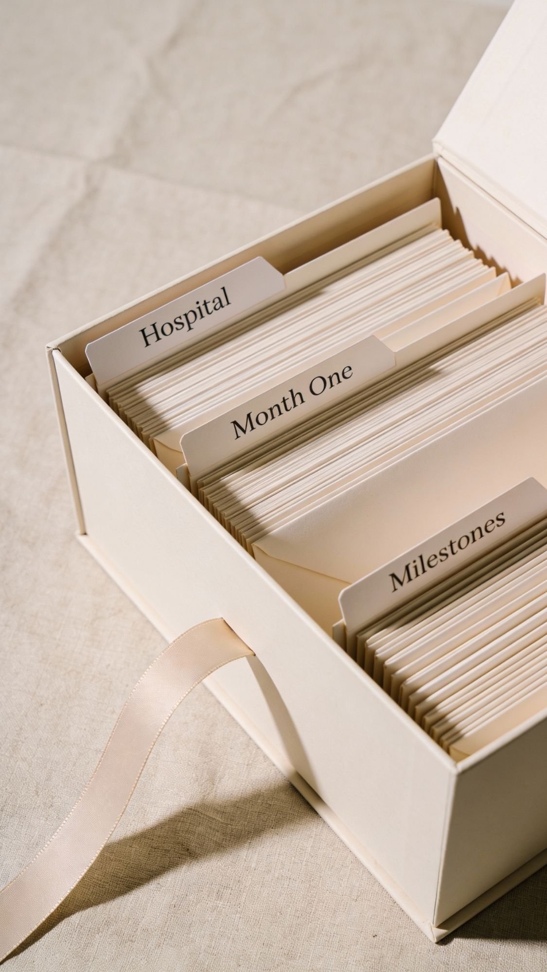 A cream-colored box, ideal as a gentle gift, contains organized file dividers labeled Hospital, Month One, and Milestones. A satin ribbon is attached to the side, resting on a beige fabric surface.