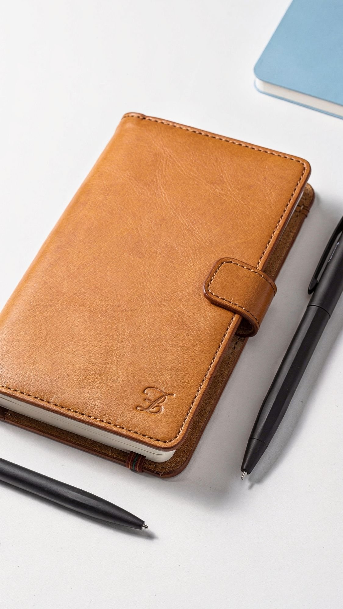 A tan leather-bound notebook with a clasp lies on a white surface, flanked by two black pens. A corner of a blue notebook is visible in the top right corner—perfect for useful gifts or thoughtful handmade gifts.