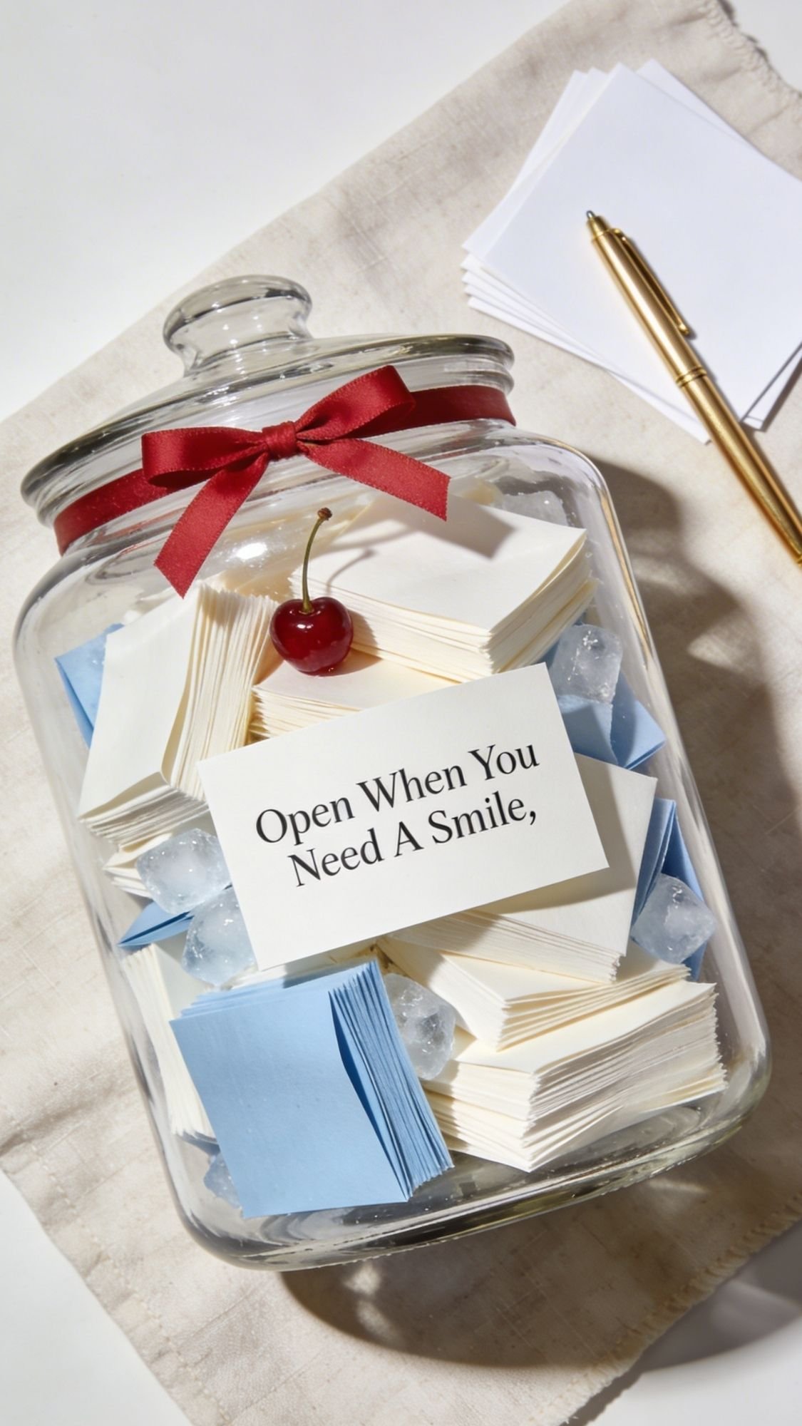 A glass jar filled with folded blue and white notes, topped with a red bow and cherry, sits on a beige cloth. Labeled “Open When You Need A Smile,” this creative jar is perfect for DIY Mother's Day gifts. A gold pen and blank cards are nearby.