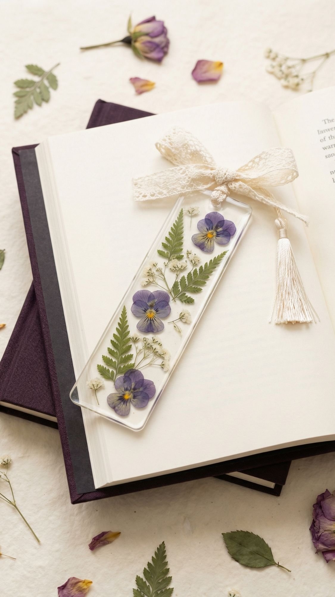A clear bookmark with pressed purple flowers and green ferns lies on an open book. Accented with a white lace ribbon and tassel, this charming piece is perfect for Handmade birthday gifts. Dried petals and flowers are scattered around the book.