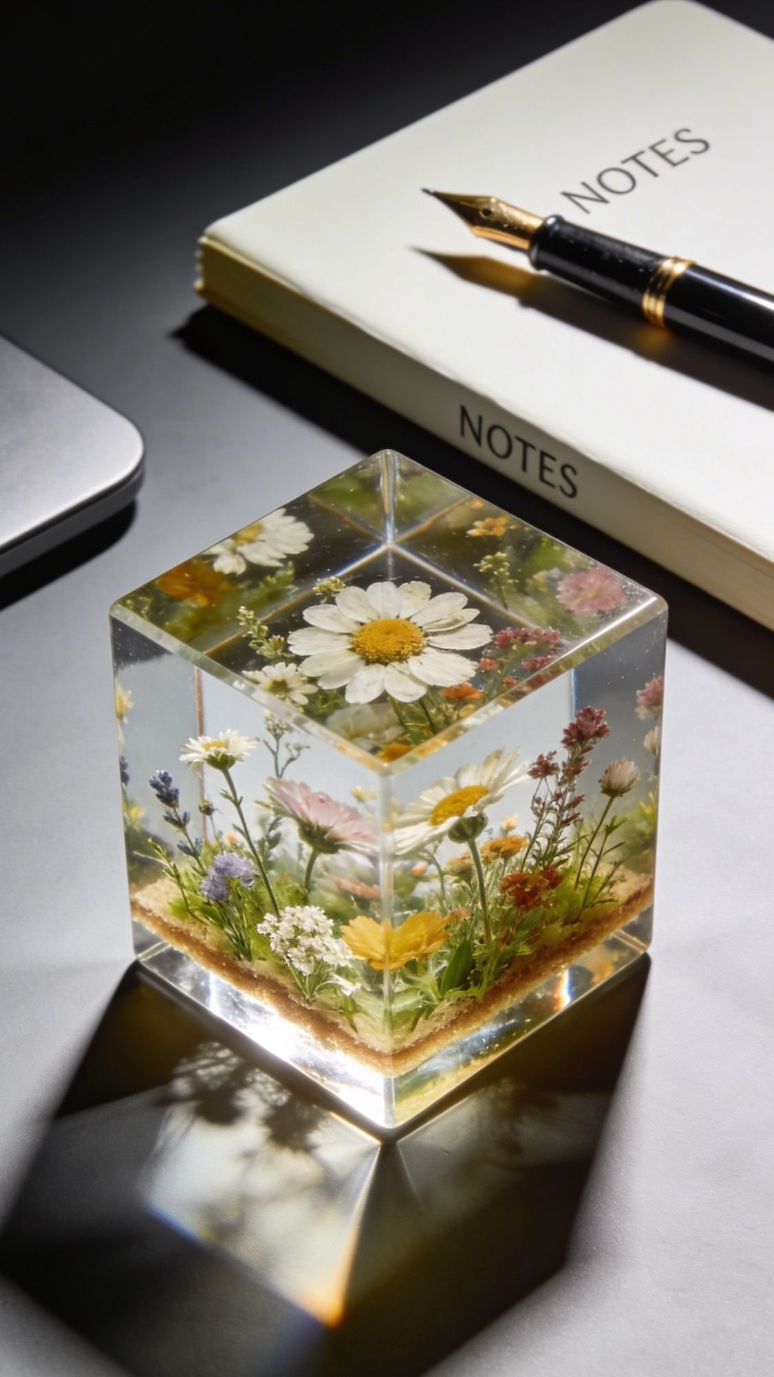 A clear resin cube of preserved flowers, featuring a prominent white daisy, sits on a dark desk near a notebook labeled NOTES, a fountain pen, and a laptop corner—a unique piece perfect for DIY flower gifts.