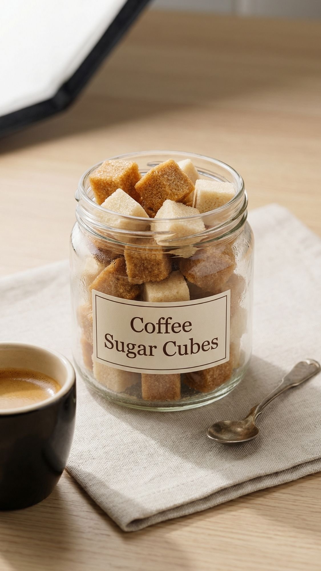 A glass jar labeled Coffee Sugar Cubes, perfect for DIY gifts or breakfast in bed, is filled with white and brown sugar cubes on a beige napkin beside a cup of coffee and a small spoon on a wooden table.