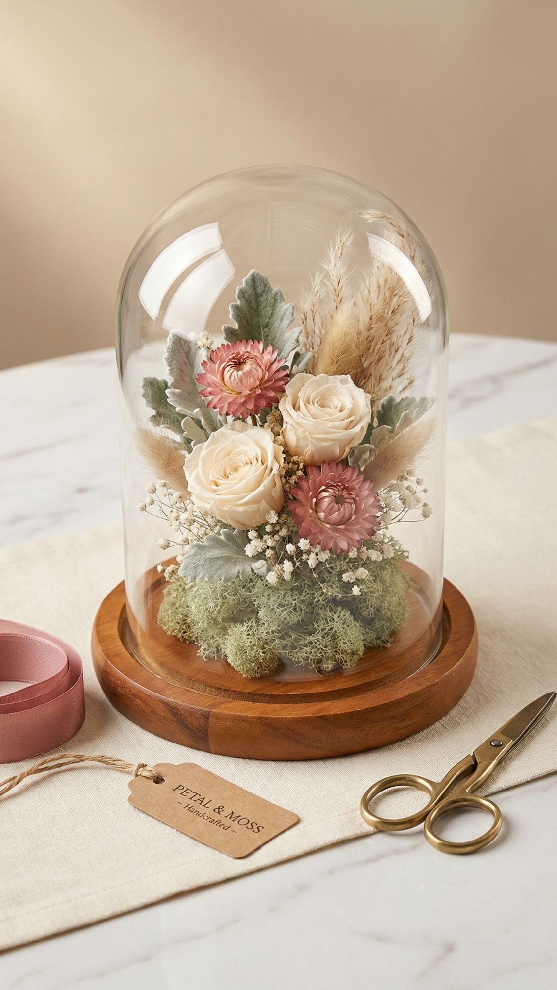A glass dome on a wooden base displays preserved flowers—white roses, pink daisies, greenery, and pampas grass. Beside it are gold scissors, a pink ribbon, and a Petal & Moss tag—perfect for DIY flower gifts.