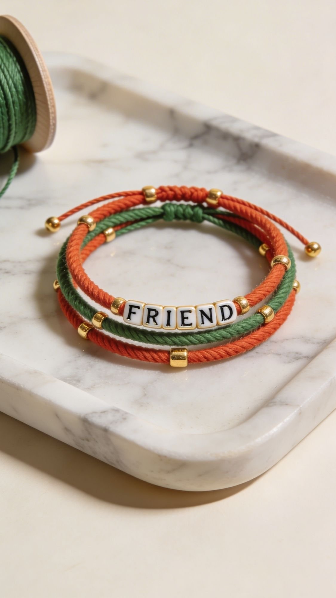 A braided friendship bracelet with orange and green cords, gold beads, and white letter beads spelling FRIEND—perfect as easy handmade gifts or birthday gifts for best friend—displayed on a marble tray with a spool of green thread in the background.