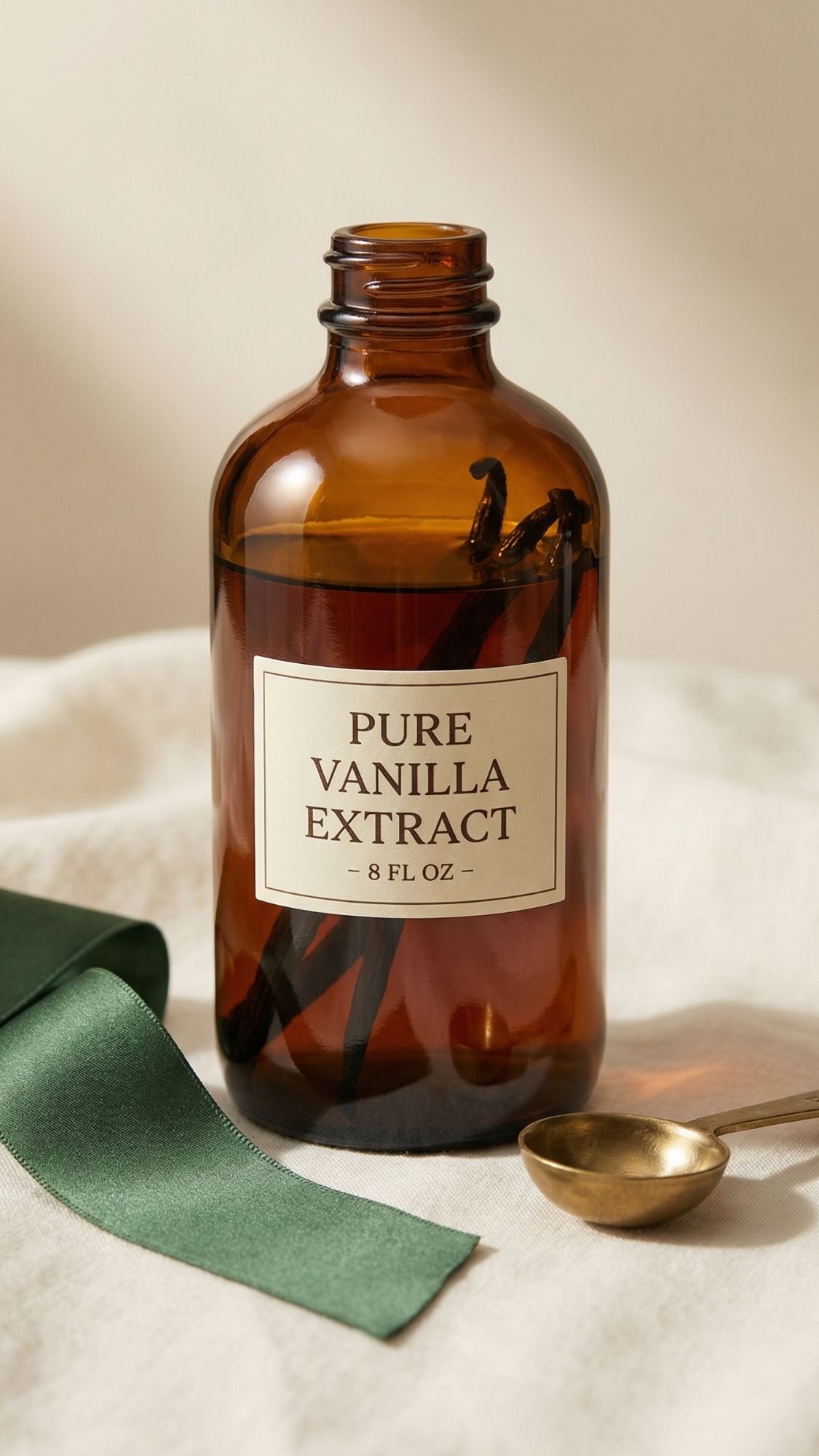 An amber glass bottle labeled Pure Vanilla Extract - 8 FL OZ sits on a white cloth beside a green ribbon and a brass measuring spoon, making it one of the best friend gifts or unique gifts, with vanilla beans visible inside the bottle.