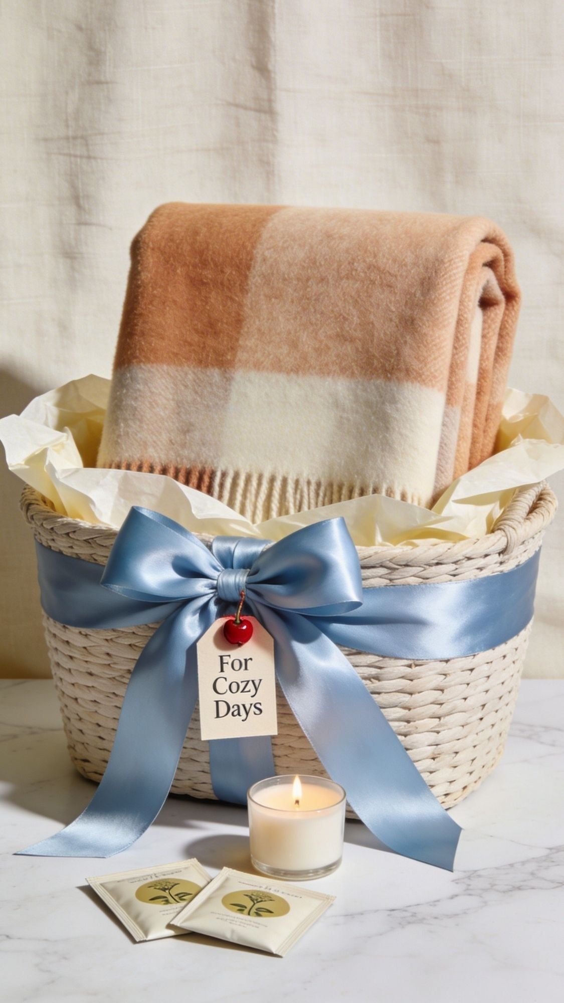 A woven basket with a blue satin ribbon holds a folded plaid blanket in warm tones—a tag reads For Cozy Days. In front are a lit candle and tea packets, making it one of the perfect Mother’s Day gift ideas for cozy moments.