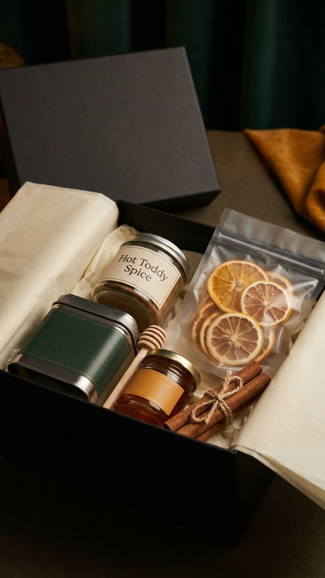 Perfect for cozy winter nights, this DIY gift set idea features a jar labeled Hot Toddy Spice, a green tin, an amber jar, a honey dipper, cinnamon sticks, and dried orange slices—all nestled on cream-colored tissue paper.