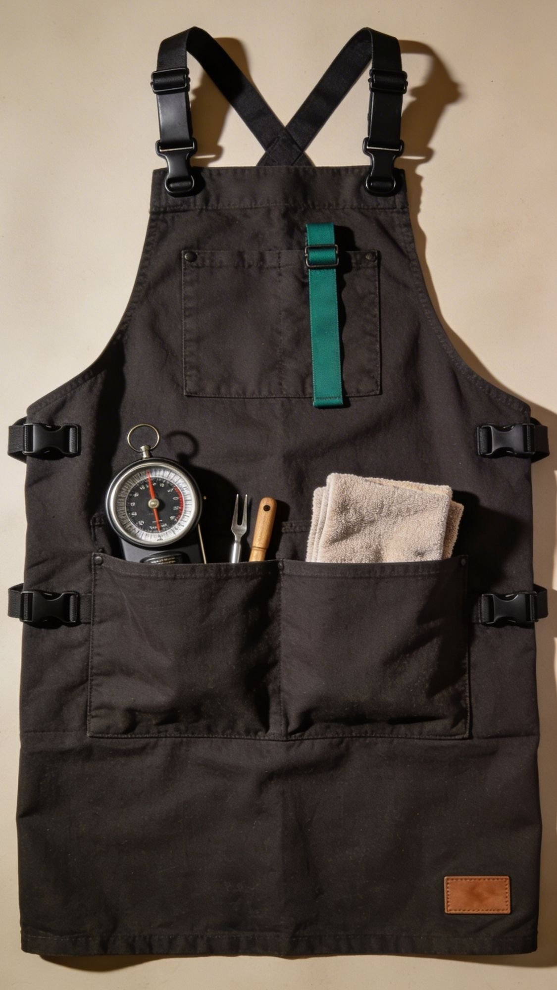 A black apron with adjustable straps, a green loop, and three large front pockets holding a meat thermometer, grill fork, and a folded towel—one of the most useful gifts for boyfriend who loves to grill.