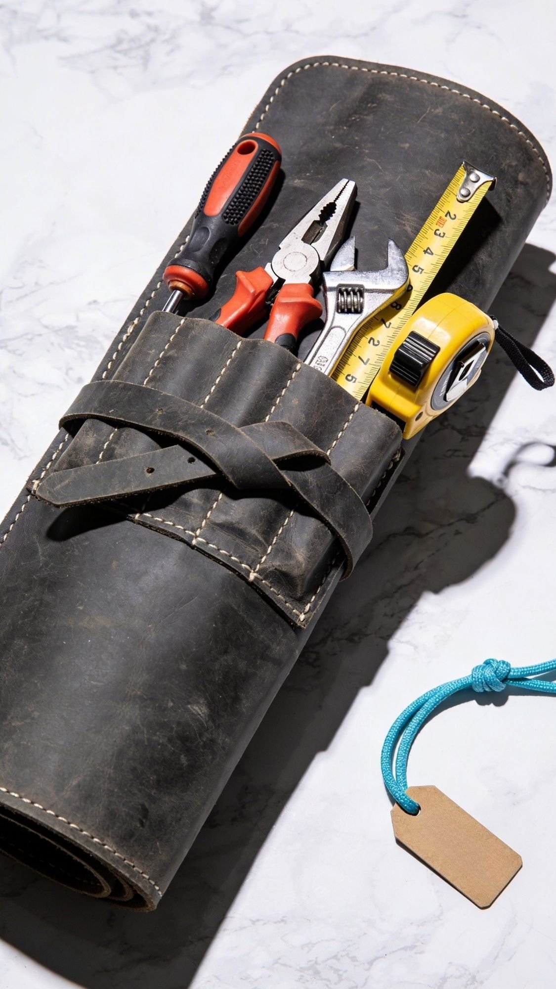 A leather tool roll holding a screwdriver, pliers, wrench, and measuring tape rests on a marble surface. A blue cord with a blank brown tag is nearby—perfect for Handmade Gifts or Useful Gifts for your BF.