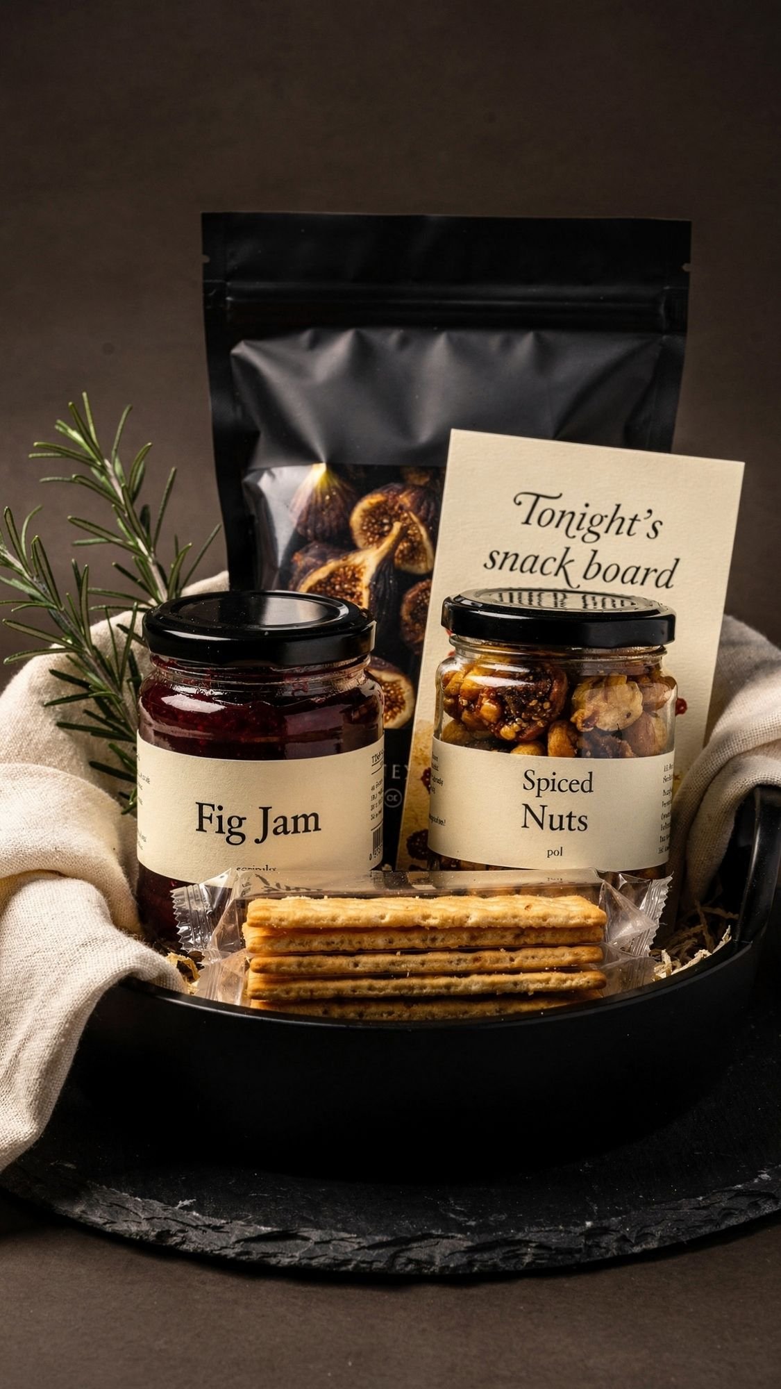 Perfect for Cozy Winter Nights, this gift basket includes a jar of fig jam, spiced nuts, dried figs, crackers, rosemary, and a card reading “Tonight’s snack board,” all artfully arranged on a black tray with a beige cloth.