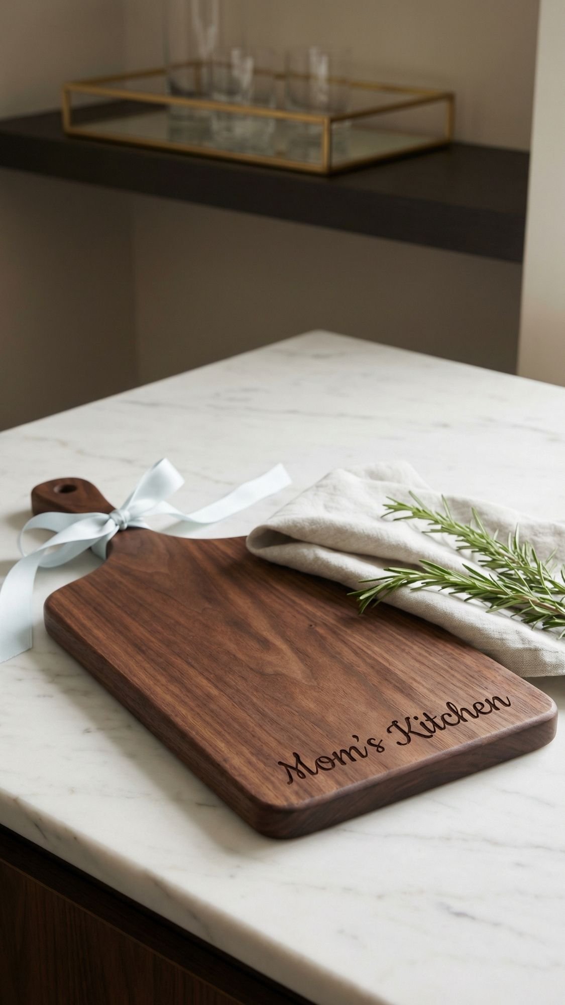 A wooden cutting board engraved with “Mom’s Kitchen,” tied with a light blue ribbon, sits on a marble countertop next to a cloth napkin and rosemary—an inviting idea for DIY Mother’s Day gifts. Glassware is visible in the background.