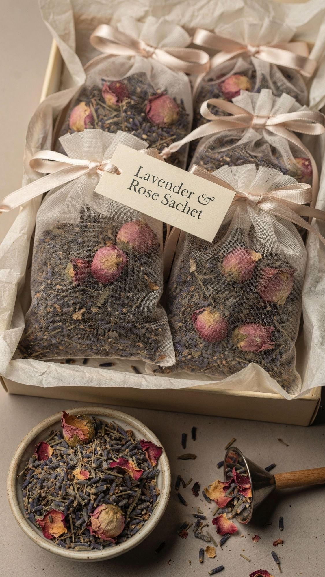 A box of mesh sachets filled with dried lavender and rosebuds, tied with ribbon and labeled Lavender & Rose Sachet—perfect for DIY flower gifts. A bowl of the dried mix and a small scoop sit in front of the box.