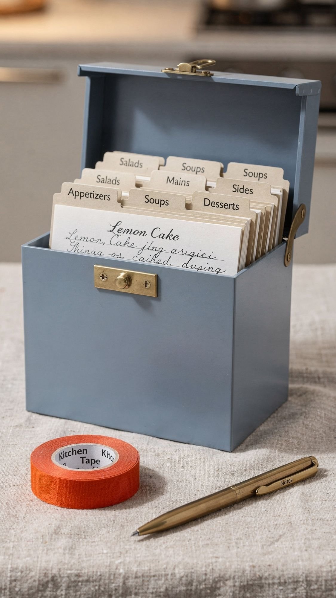 A blue recipe box holds handwritten recipe cards organized by labeled dividers like Appetizers, Soups, and Desserts. In front are a gold pen and orange kitchen tape—perfect for handmade gifts or best friend gifts.