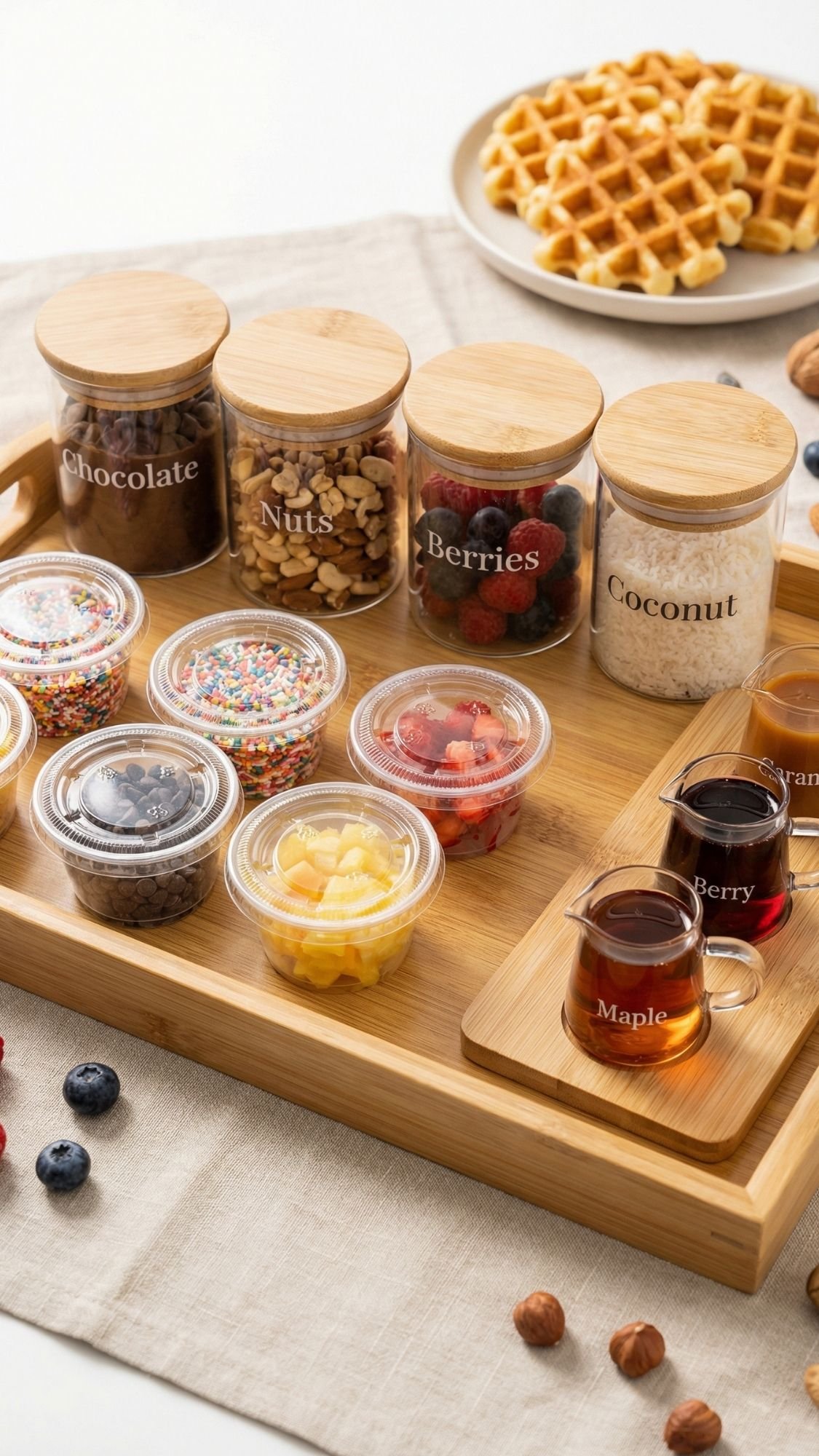 A wooden tray holds glass jars labeled chocolate, nuts, berries, and coconut—perfect for breakfast in bed or creative DIY gifts—with sprinkles, fruits, syrups, waffles, and loose berries and nuts in the background.
