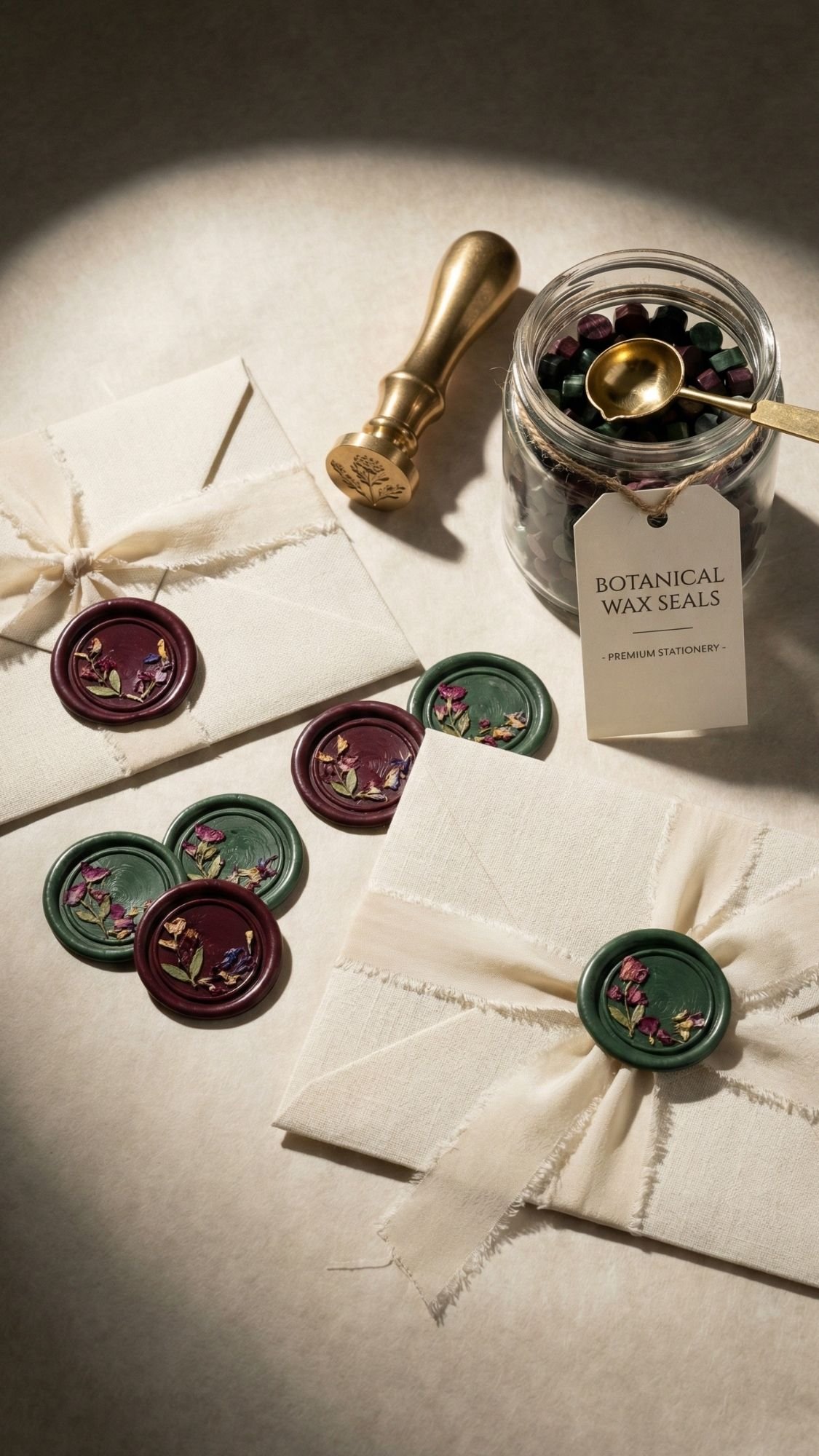 Two cream-colored envelopes tied with fabric ribbon are sealed with green and maroon wax seals featuring pressed flowers. Nearby, a jar labeled Botanical Wax Seals holds more seals, a gold spoon, and a brass seal stamp.