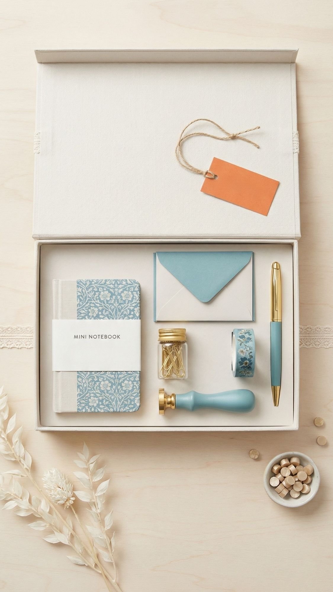 A beautiful gift box featuring a mini notebook, gold paper clips in a glass jar, blue pen, envelope, decorative tape, wax seal stamp with blue handle, orange gift tag, and dried flowers—perfect for easy handmade gifts or birthday gifts for best friend.