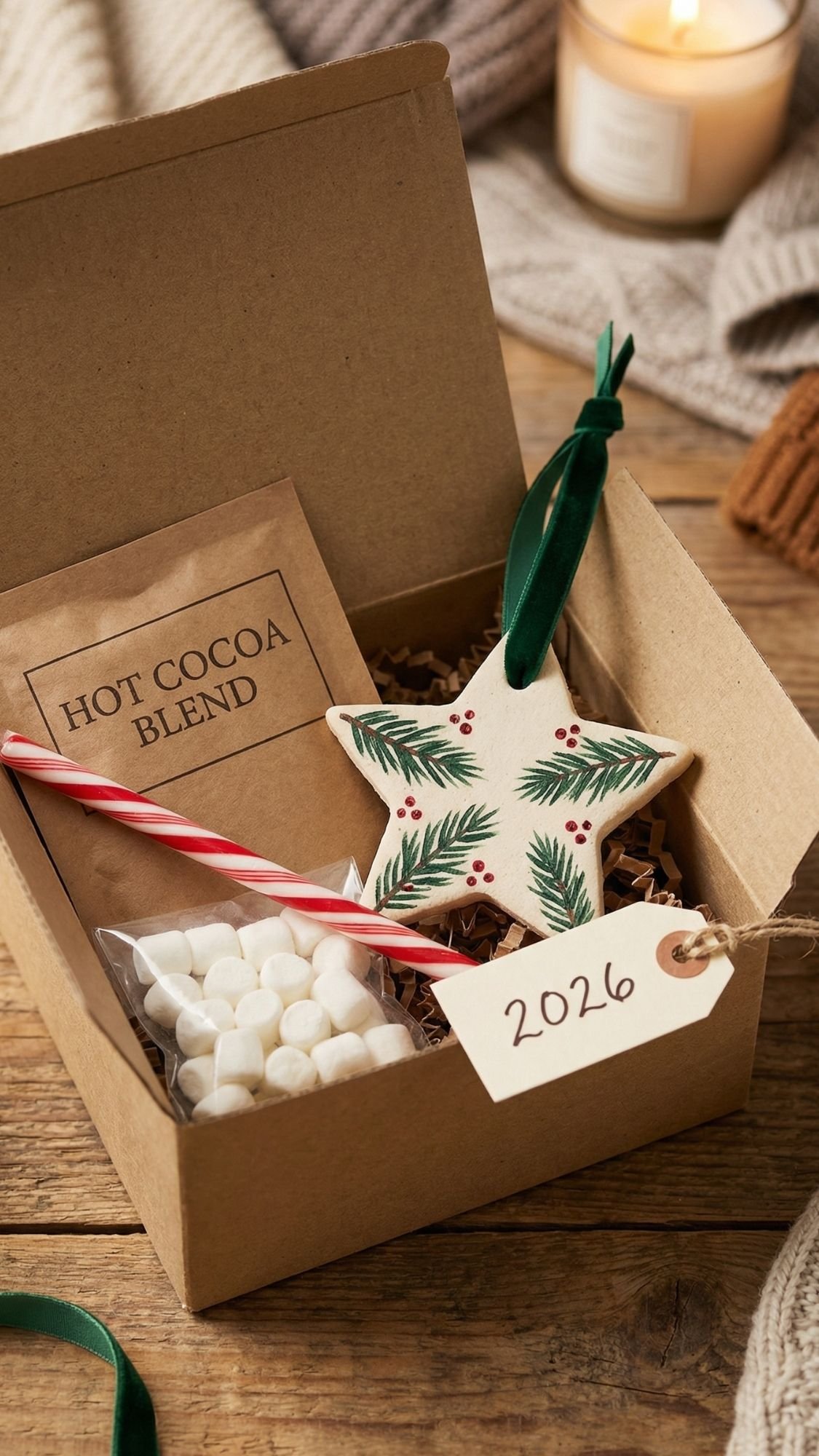 A gift box on a wooden table contains a packet of hot cocoa blend, a candy cane, mini marshmallows, a star-shaped ornament with a pine design, and a 2026 tag—a perfect winter gift for cozy winter nights. A lit candle glows in the background.