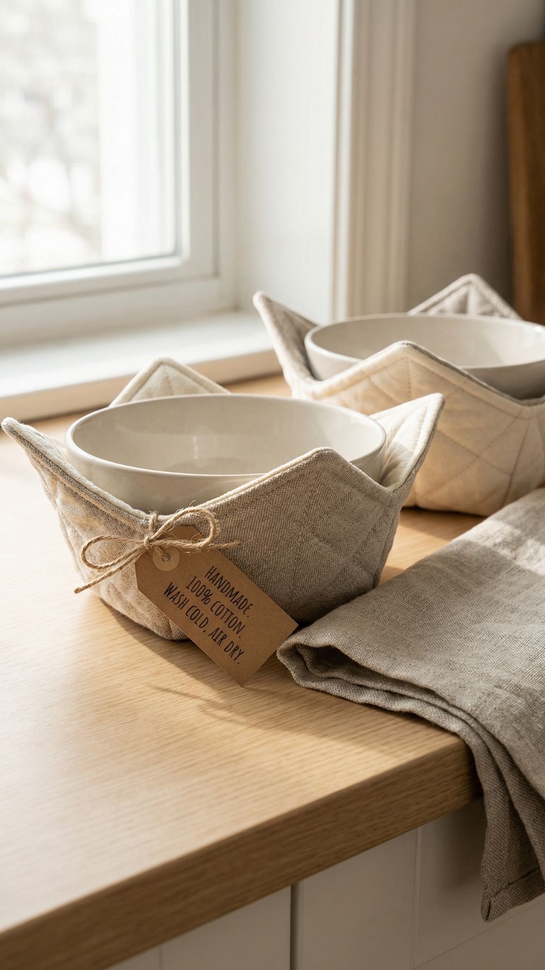 Two white ceramic bowls sit in beige quilted fabric holders on a wooden countertop near a window. With a tag reading Handmade, 100% cotton, wash cold, air dry, these gentle gifts make lovely DIY gifts for new moms. A linen cloth lies nearby.