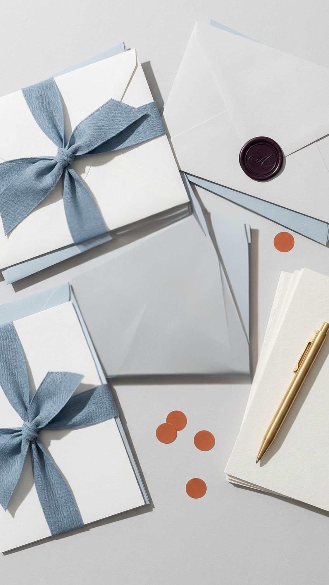 A flat lay of white envelopes, some tied with blue ribbons, a stack of blank cards with a gold pen, a sealed envelope with a wax stamp, and scattered orange confetti—perfect inspiration for handmade gift ideas or best friend gifts they will use.