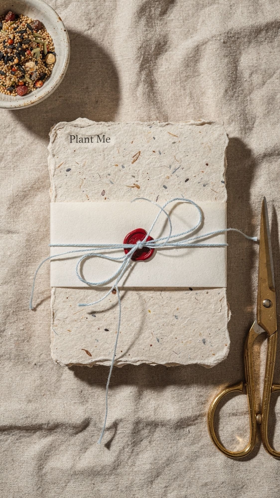 A handmade card labeled Plant Me, perfect for DIY Mother's Day gifts, is tied with string and sealed with a red wax seal, resting on beige fabric. Nearby are vintage scissors and a small bowl of mixed seeds.