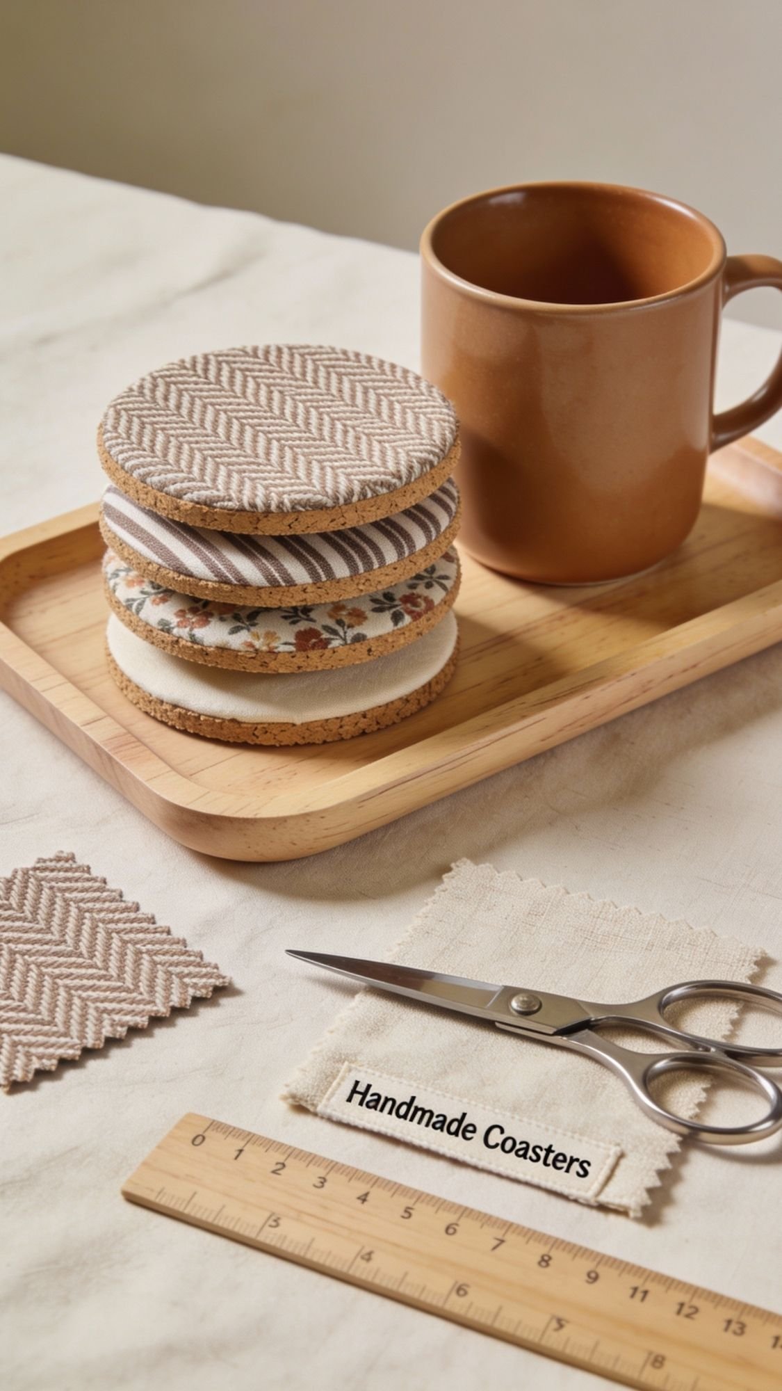 A brown mug sits on a wooden tray beside a stack of round, patterned fabric coasters—perfect for breakfast in bed or thoughtful DIY gifts. Nearby are scissors, a ruler, and fabric labeled “Handmade Coasters” on a cream tablecloth.