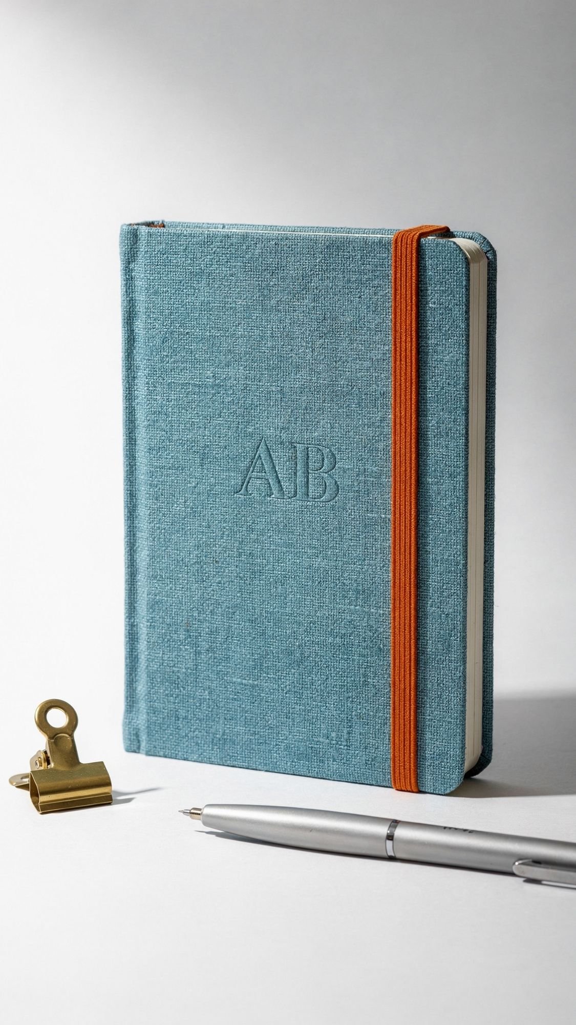 A blue fabric-covered notebook with AB embossed on the cover, secured with an orange elastic band, sits upright. Perfect for gifts to use all year, it’s paired with a silver pen and gold binder clip, all on a white surface.