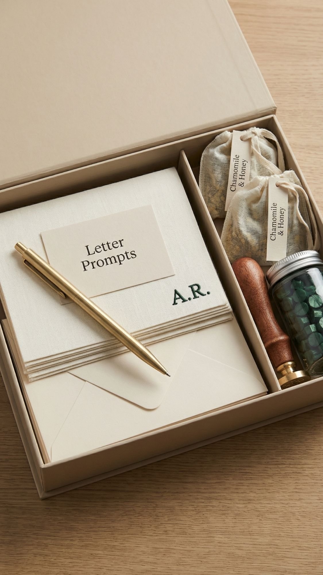 A beige box contains stationery items: a stack of envelopes and cards labeled Letter Prompts with initials A.R., a gold pen, two pouches of chamomile herbal tea, a wax seal stamp, and green sealing wax beads—perfect for cozy winter nights or DIY gift set ideas.