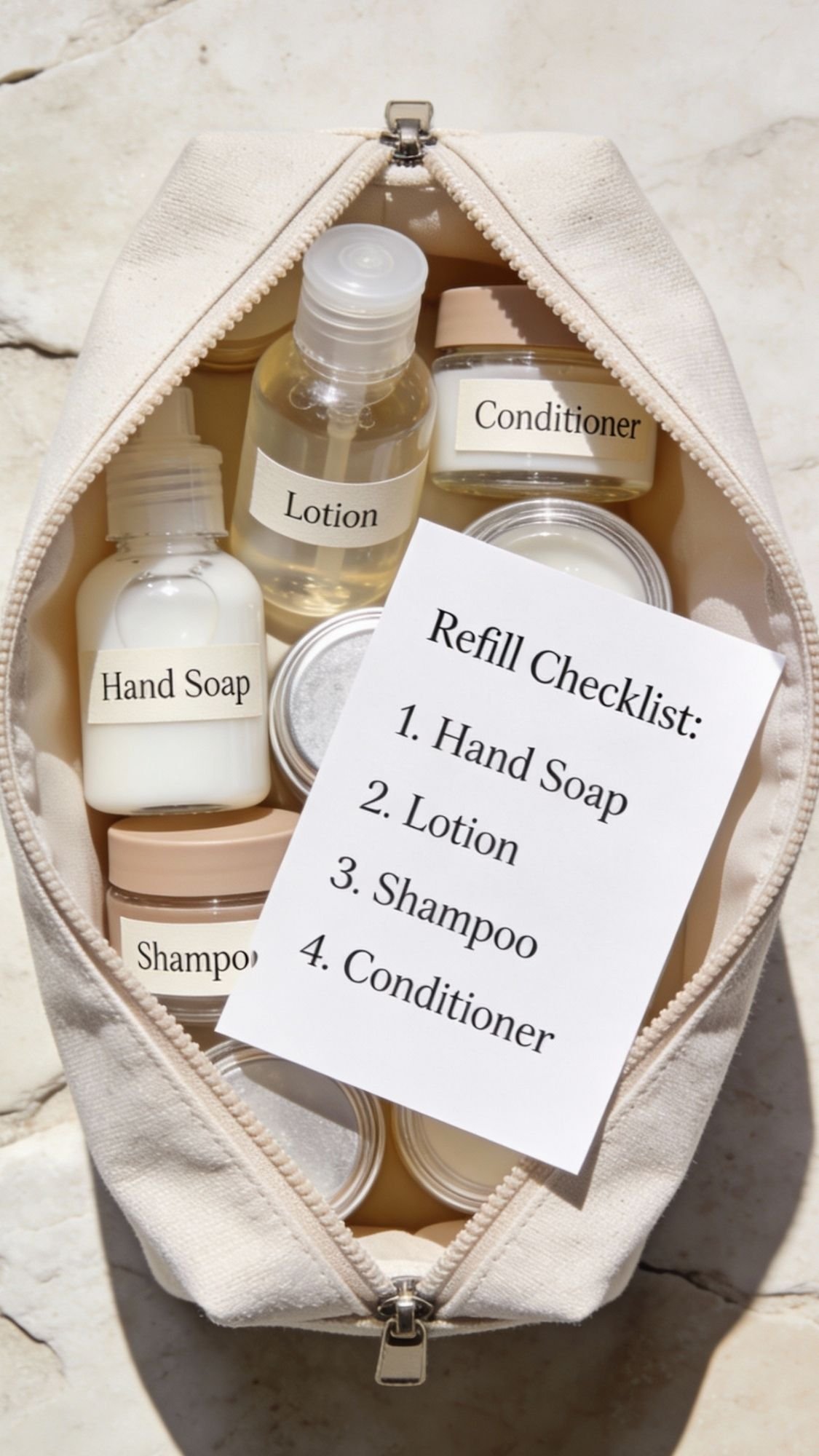 A beige zippered pouch containing labeled bottles and jars of hand soap, lotion, shampoo, and conditioner rests beneath a refill checklist card—one of those gentle gifts or useful gifts perfect as DIY gifts for new moms.