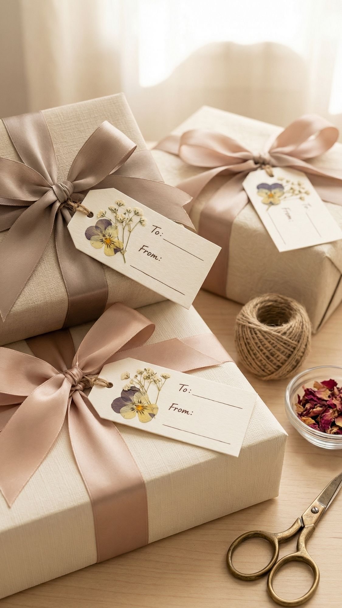 Three cream-colored gift boxes tied with silky taupe ribbons and floral gift tags sit on a wooden table. Beside them are gold scissors, a ball of twine, pressed flowers, and a small dish of dried flower petals.