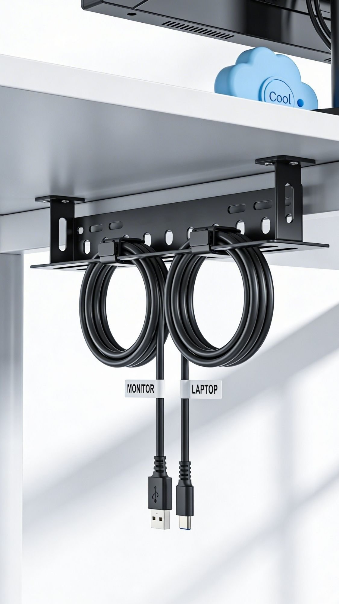 A black metal cable organizer mounted under a desk holds two neatly coiled cables labeled MONITOR and LAPTOP—an ideal choice for useful gifts for boyfriend to keep his workspace tidy and organized.