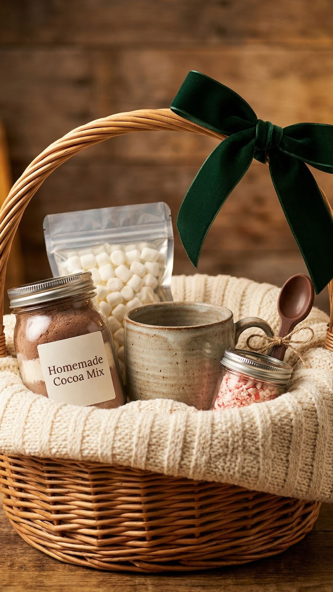 A wicker gift basket lined with a knitted cloth features a jar labeled Homemade Cocoa Mix, a mug, crushed peppermint, marshmallows, and spoons—all topped with a green ribbon—making it perfect for cozy winter nights or thoughtful winter gifts.