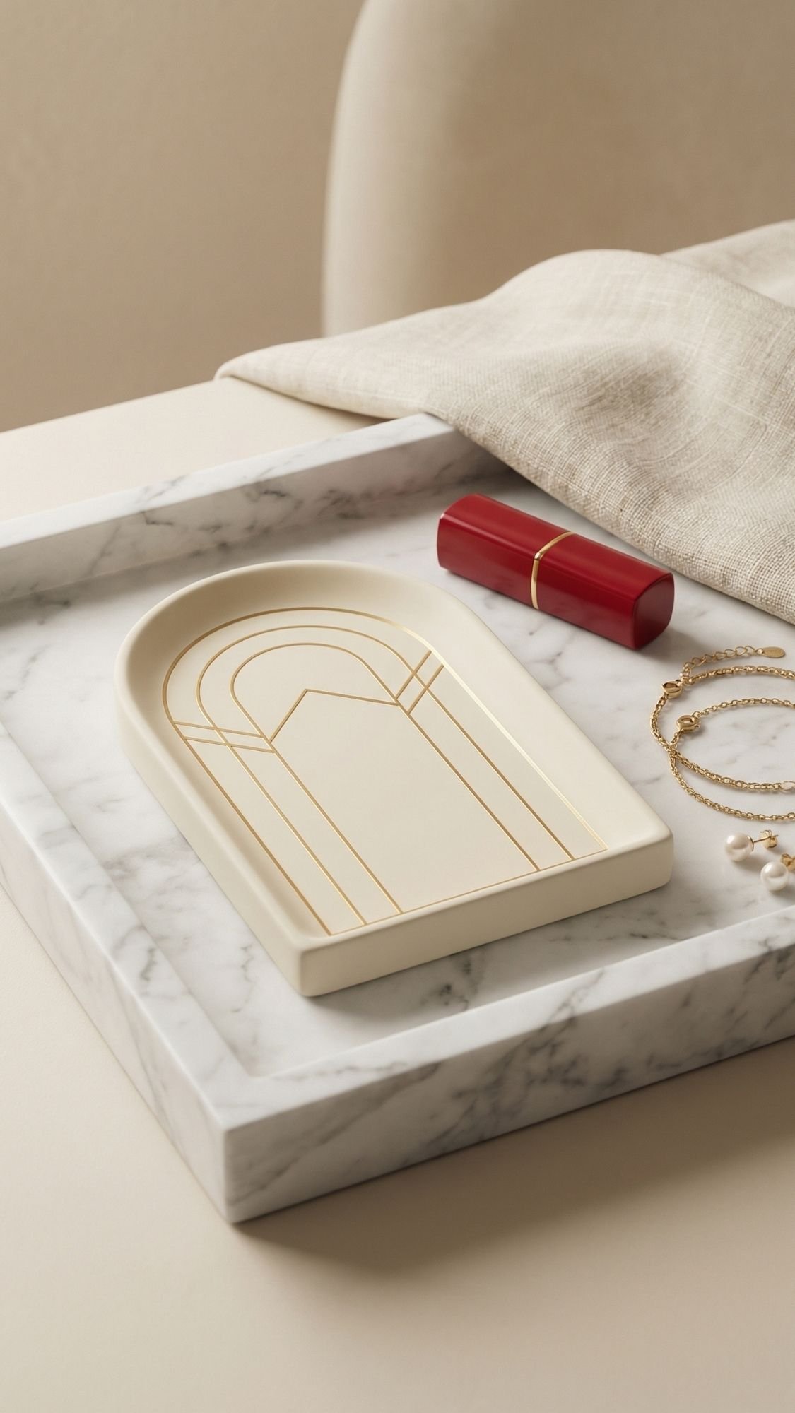 A marble tray displays a geometric ceramic dish, a red lipstick case, a gold chain bracelet, and a beige napkin—an elegant, minimalistic arrangement perfect for DIY presents for Mother’s Day or other thoughtful Mother’s Day gifts.