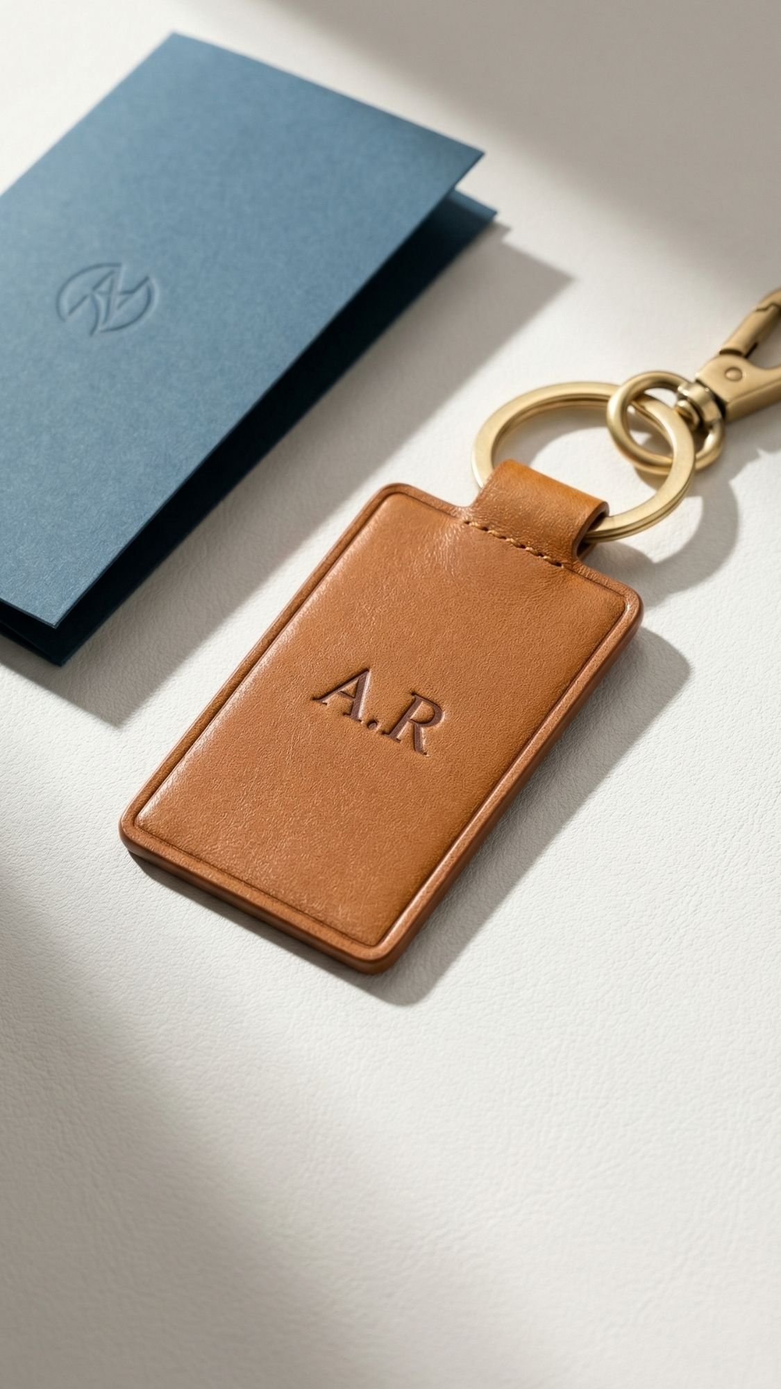 A tan leather keychain with the initials “A.R.” embossed on it, lying next to a blue envelope on a light surface. The perfect choice for Handmade Gift Ideas, it features a gold keyring and clasp.