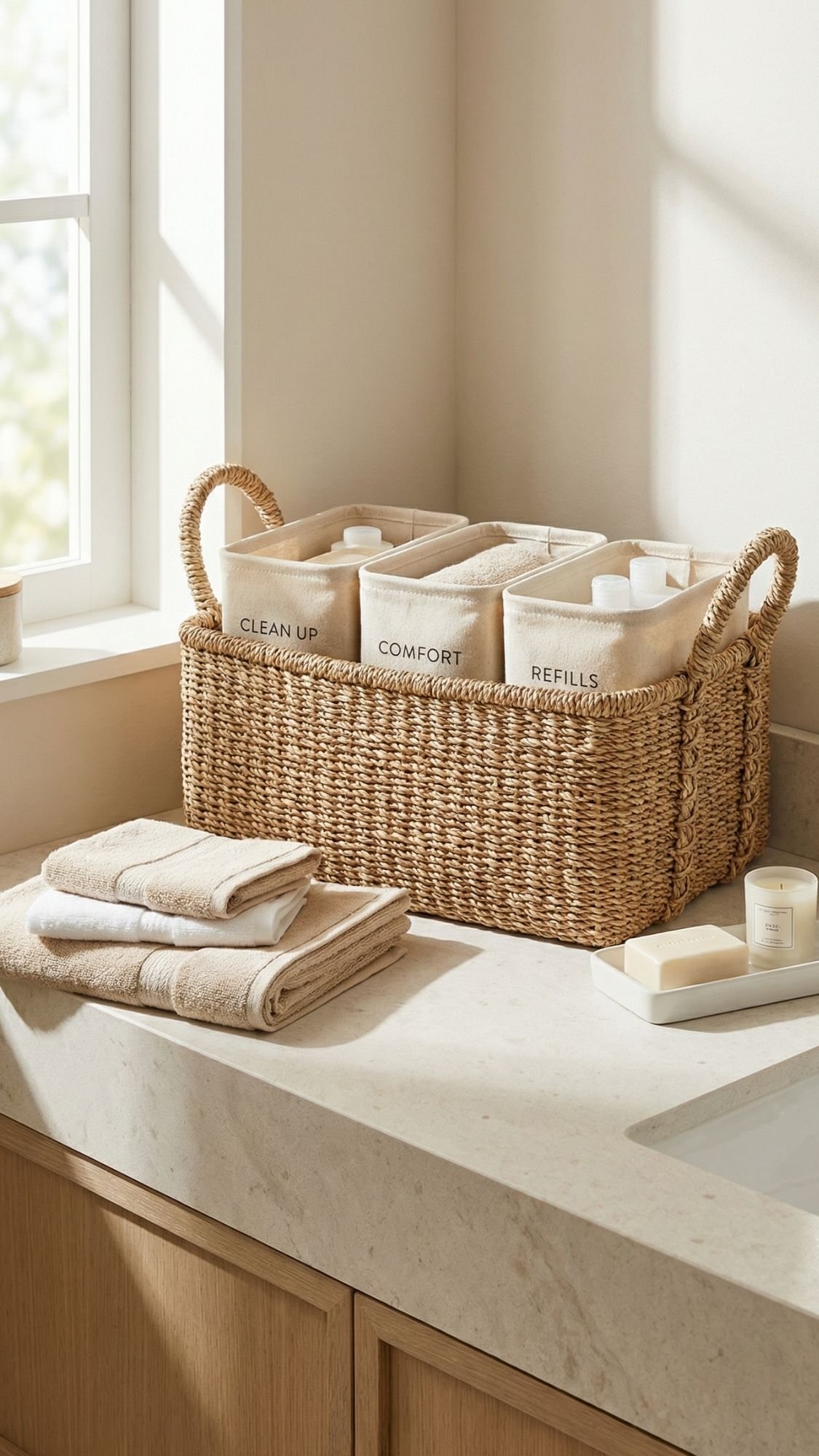 A woven basket with labeled fabric pouches reading “Clean Up,” “Comfort,” and “Refills”—a perfect example of gentle gifts or DIY gifts for new moms—sits on a bathroom counter near folded towels, candles, and a window.