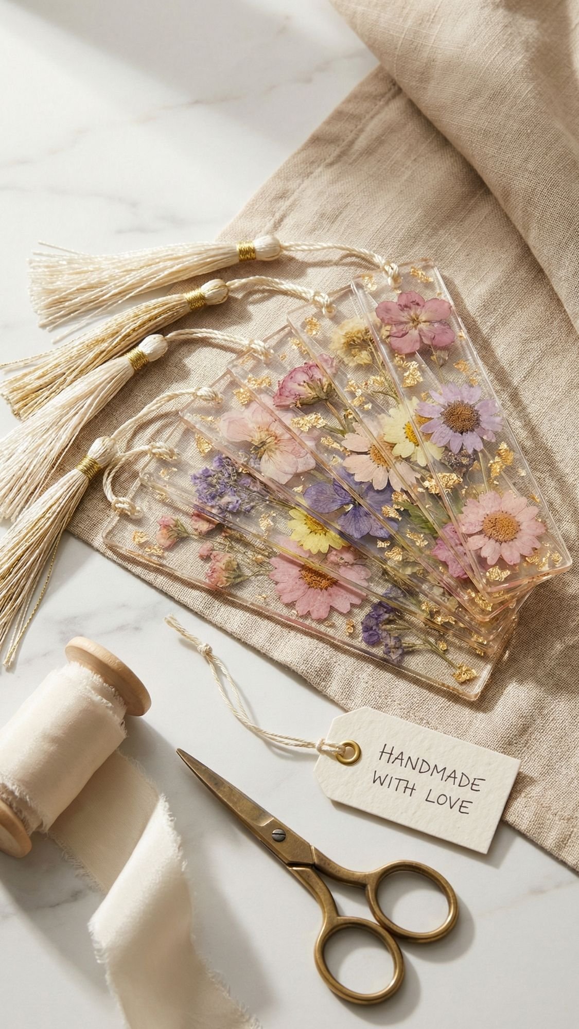 A set of clear bookmarks with pressed flowers and gold flakes, each finished with a cream tassel, displayed on beige fabric with gold scissors, cream ribbon, and a tag reading HANDMADE WITH LOVE.