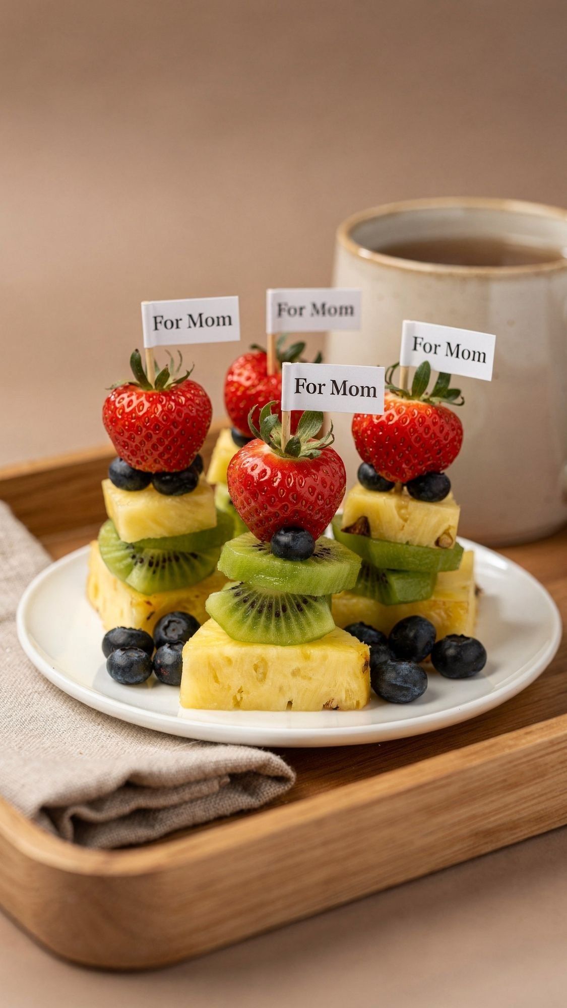 A plate with fruit skewers made of pineapple, kiwi, blueberries, and strawberries—each topped with a sign reading “For Mom.” Perfect as breakfast in bed or creative DIY gifts, served with coffee and a folded napkin on a wooden tray.