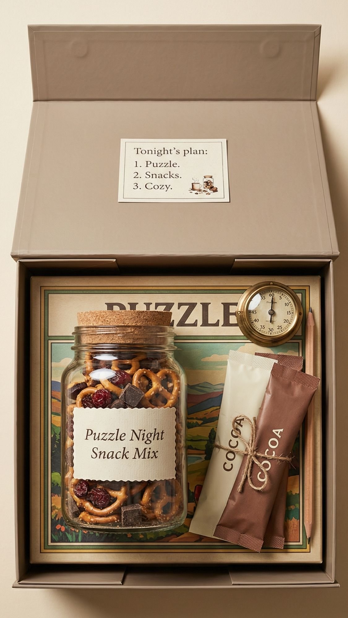 A perfect pick for cozy winter nights, this gift box features a jigsaw puzzle, mason jar of Puzzle Night Snack Mix, cocoa packets, pencil, gold-tone timer, and a card that reads: Puzzle. Snacks. Cozy. Ideal for DIY gift set ideas!.
